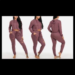 Distressed Burgundy Sweat Suit